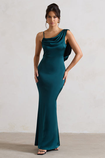 Wistful Dark Green Satin Asymmetric Cowl-Neck Maxi Dress